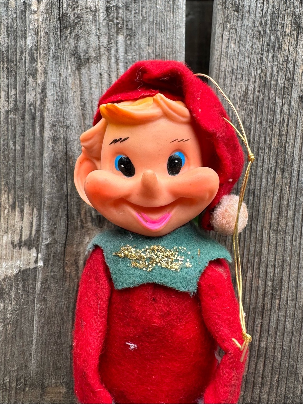 Vintage 1950s/1960s Knee Hugger Elf Christmas Ornament - Japan Rubber Face Pixie